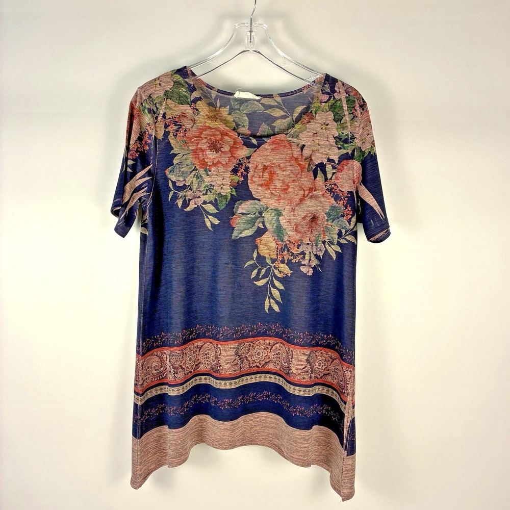 Rue Juju Tunic Top Women's Size M Boho Floral Border Print Blouse Short Sleeve